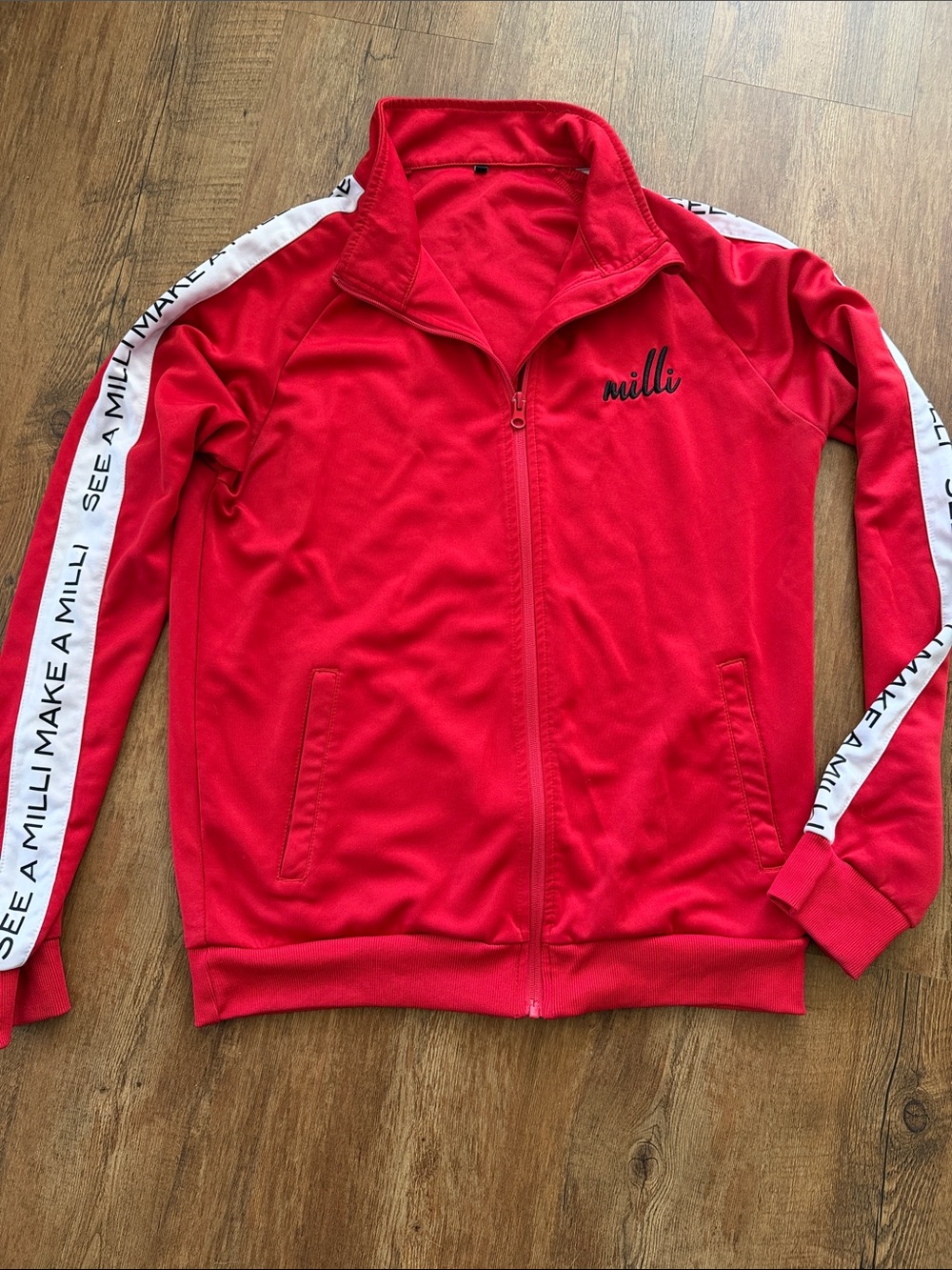 Milly Red Track Jacket with White Sleeve Stripes